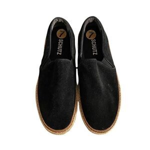 SCHUTZ Suede Slip On Suede Flat Espadrilles Black Tan 38